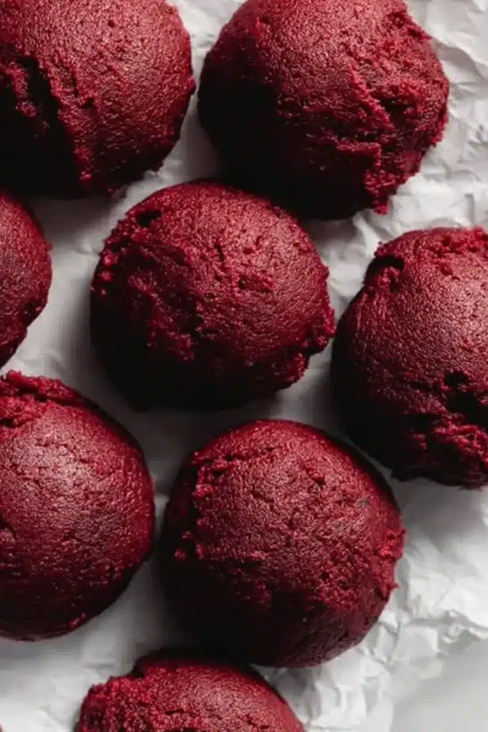 Red Velvet Cookies Recipe | Soft, Chewy & Amazing Treat 11 Scoops of red velvet cookie dough on parchment paper ready to bake