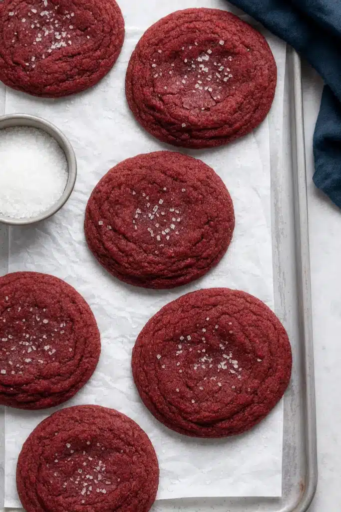Red Velvet Cookies Recipe | Soft, Chewy & Amazing Treat 12 Freshly baked red velvet cookies cooling on a parchment-lined tray