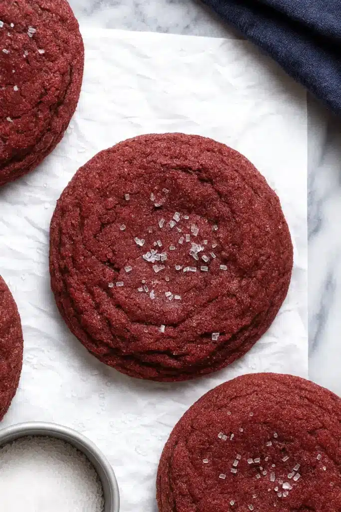 Soft red velvet cookies with sugar crystals on parchment paper