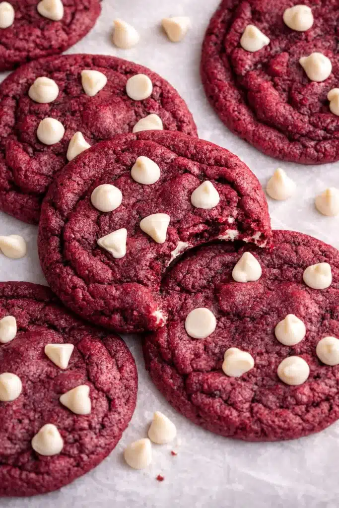 Red velvet cookies with white chocolate chips on white parchment paper