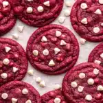Red velvet cookies with white chocolate chips on wooden surface