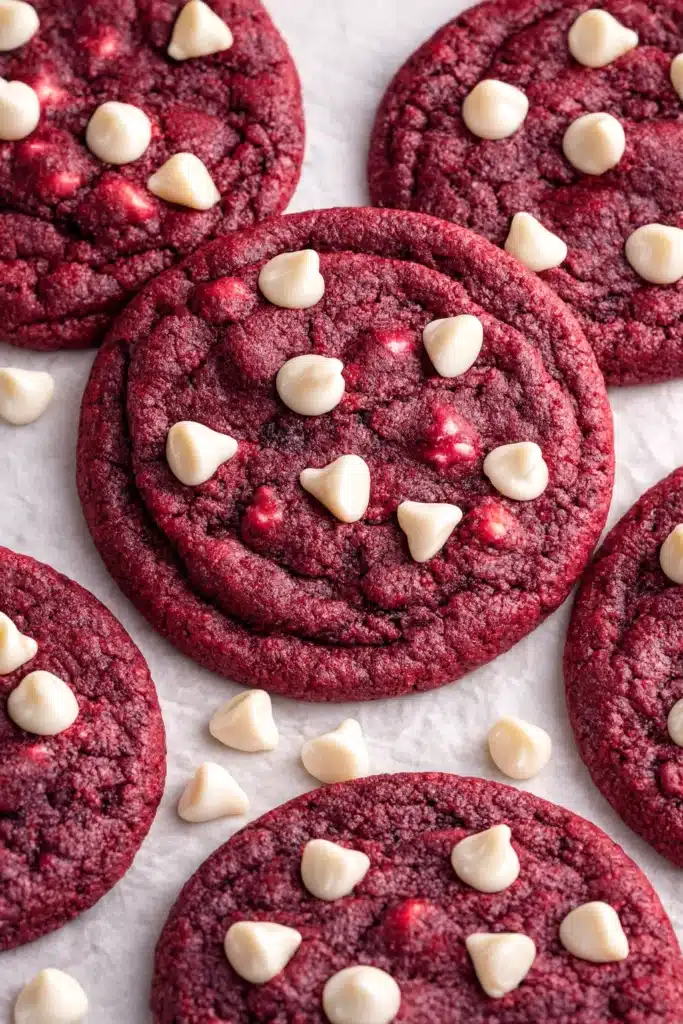Red velvet cookies with white chocolate chips on white parchment paper