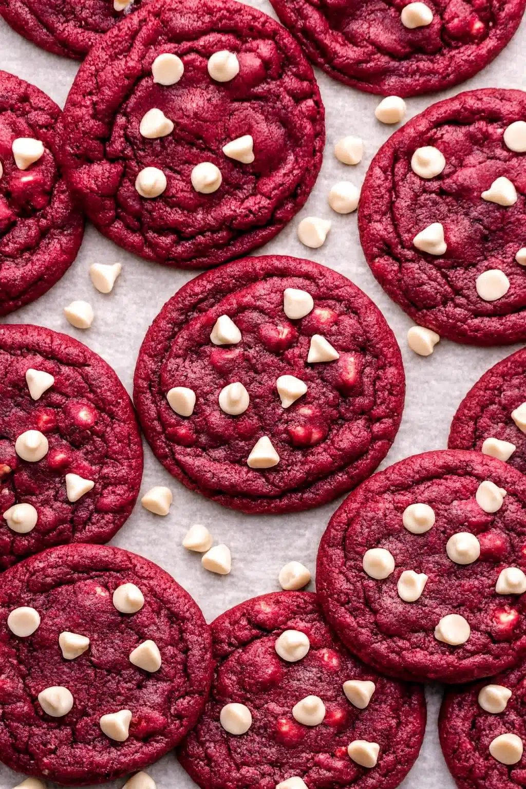 Red velvet cookies with white chocolate chips on wooden surface
