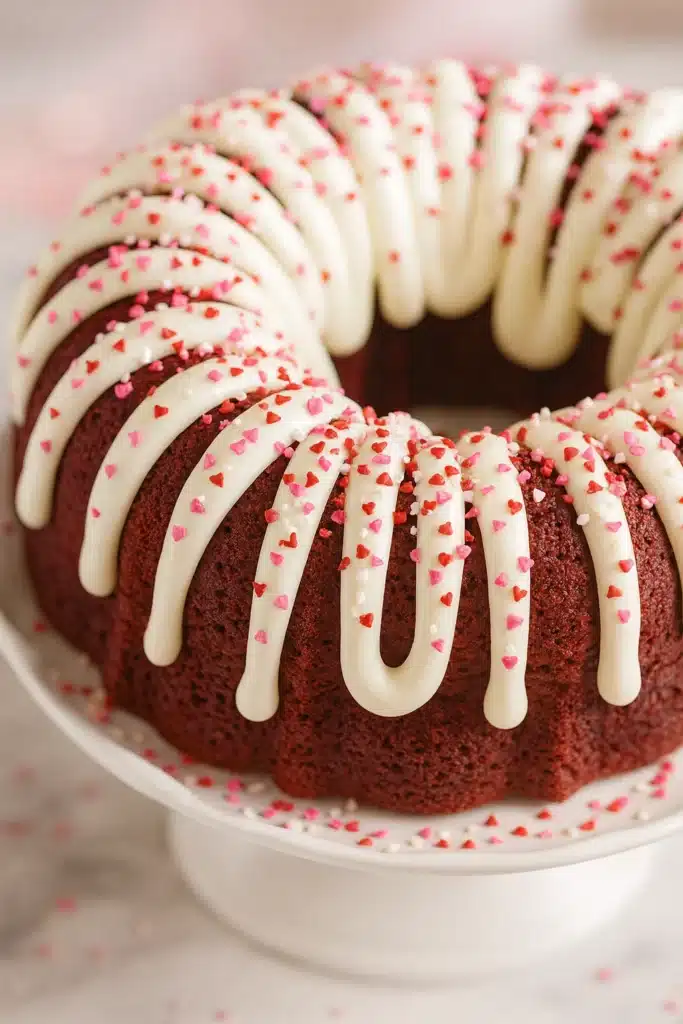 Red Velvet Cream Cheese Bundt Cake | Sweet Valentine Treat 6 Full red velvet cream cheese bundt cake with white icing and heart sprinkles