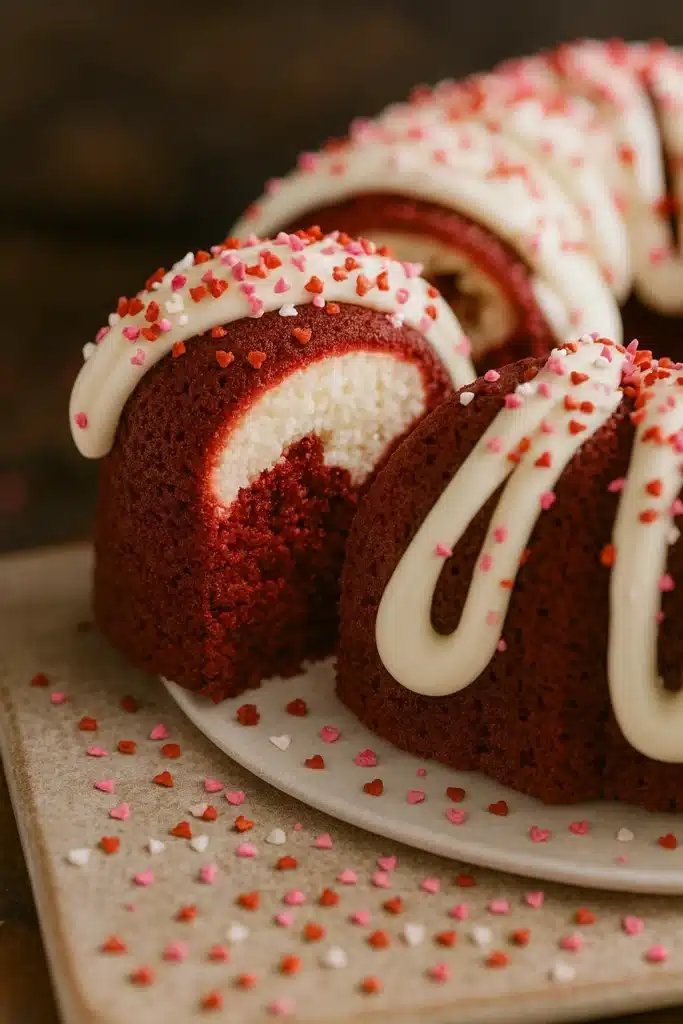 Red Velvet Cream Cheese Bundt Cake | Sweet Valentine Treat 7 Red velvet cream cheese bundt cake slice with icing and creamy filling
