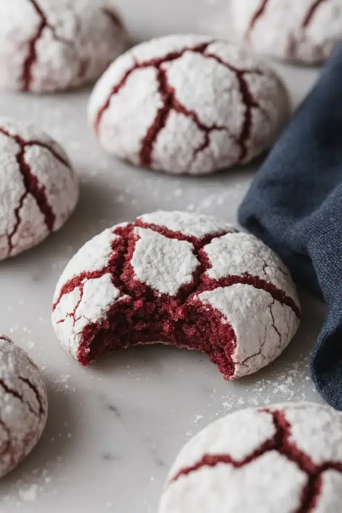 Red Velvet Crinkle Cookies | Soft, Sweet & Easy Recipe 7 Red velvet crinkle cookie with bite showing soft red interior on marble