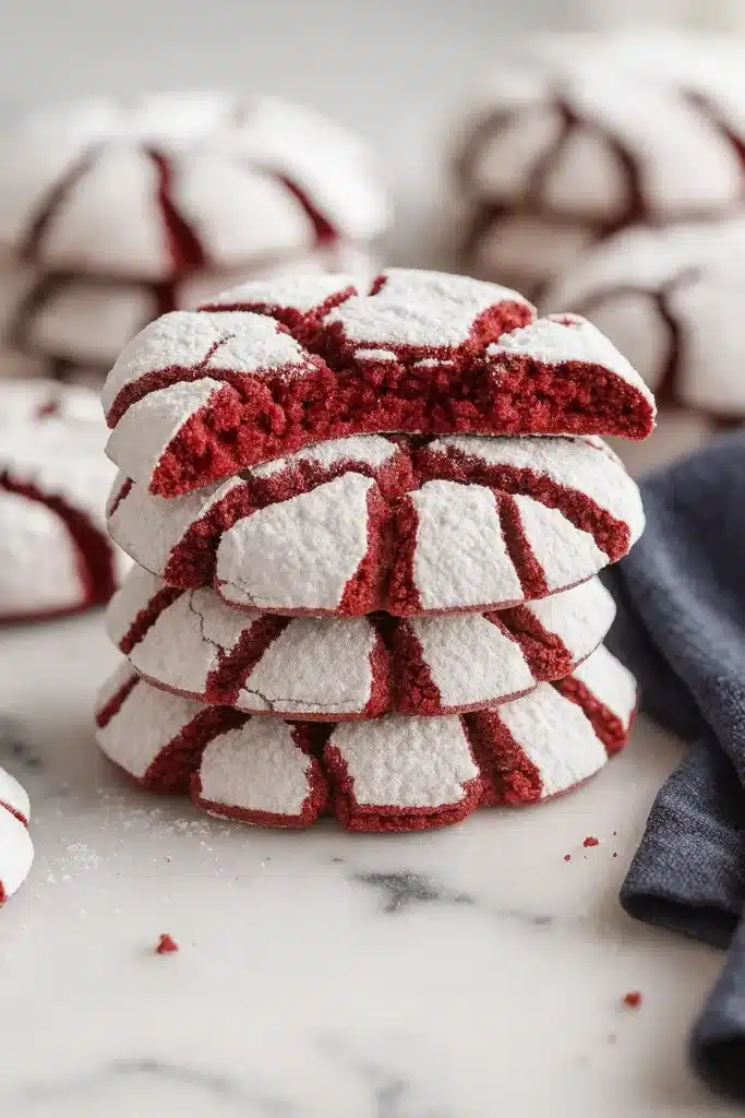 Red Velvet Crinkle Cookies | Soft, Sweet & Easy Recipe 8 Stack of red velvet crinkle cookies coated in powdered sugar on marble surface