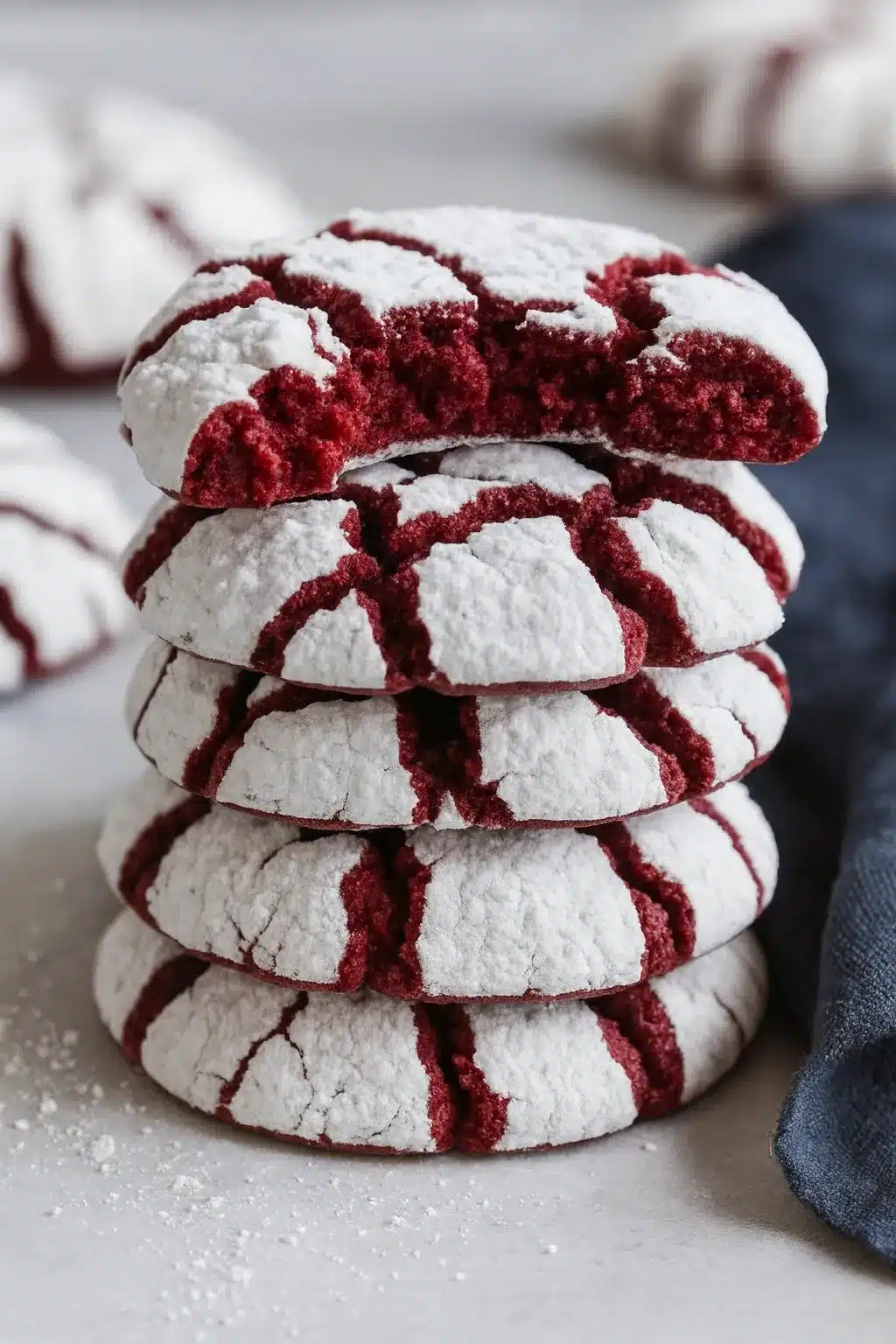 Stack of red velvet crinkle cookies with soft red centers and powdered sugar