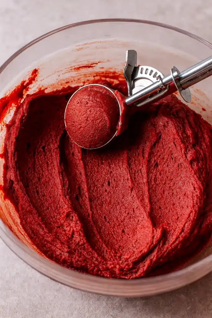 Red Velvet Cupcake Cookies | Irresistibly Soft & Creamy 15 Red velvet cupcake cookie dough in a scoop ready for baking