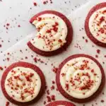 Red velvet cupcake cookie with cream cheese frosting and a bite taken out