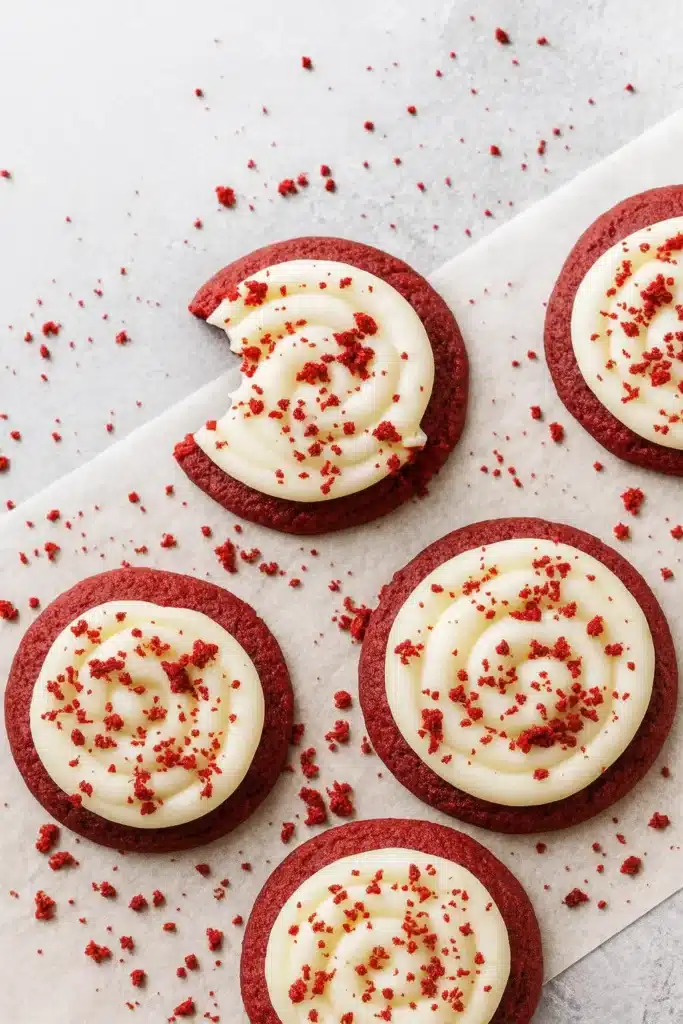 Red Velvet Cupcake Cookies | Irresistibly Soft & Creamy 11 Red velvet cupcake cookie with cream cheese frosting and a bite taken out