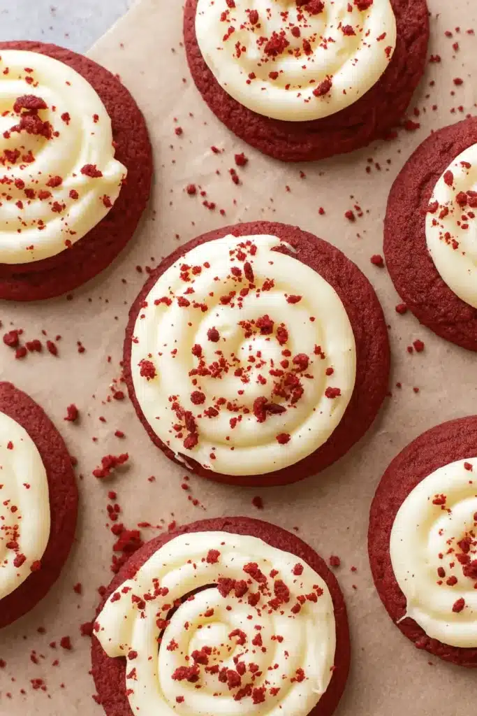 Red Velvet Cupcake Cookies | Irresistibly Soft & Creamy 18 Red velvet cupcake cookies with cream cheese frosting and red crumbs on parchment