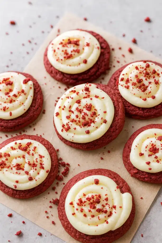 Red velvet cupcake cookies with cream cheese frosting and red crumbs