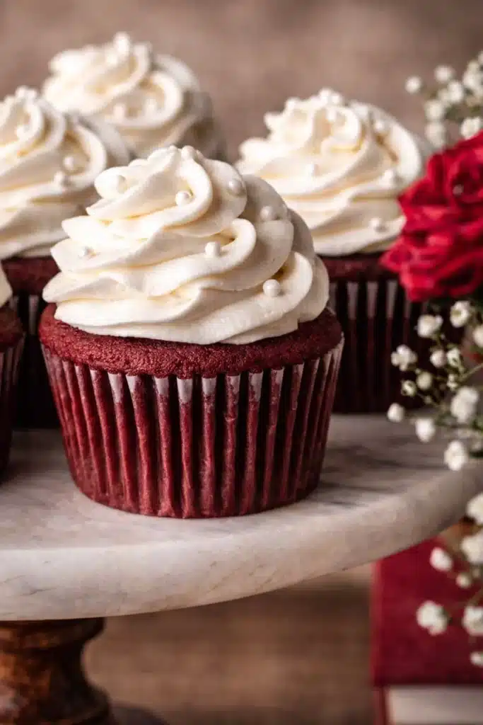 Red Velvet Cupcakes | Amazing Creamy Frosting Recipe 9 Red velvet cupcakes with cream cheese frosting and sugar pearls