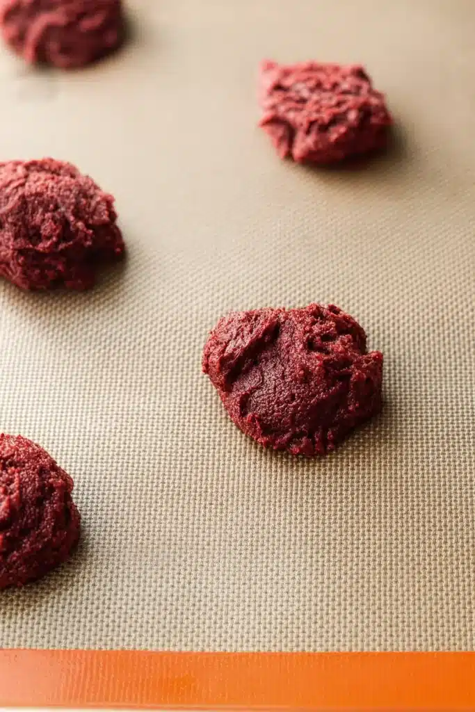 Red Velvet Whoopie Pies – Irresistibly Soft & Delicious 7 Red velvet whoopie pie batter scoops on silicone baking mat