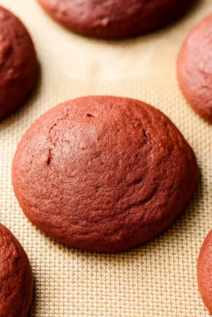 Red Velvet Whoopie Pies – Irresistibly Soft & Delicious 8 Freshly baked red velvet whoopie pie cookies on silicone baking mat