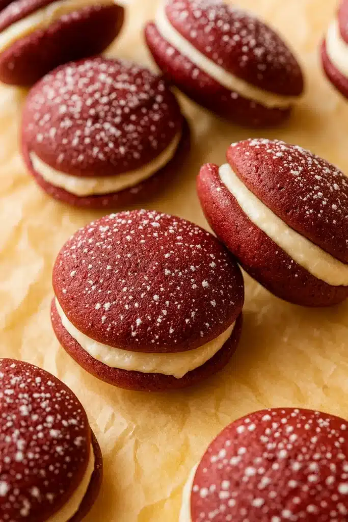 Red Velvet Whoopie Pies – Irresistibly Soft & Delicious 9 Red velvet whoopie pies with cream cheese filling on parchment paper