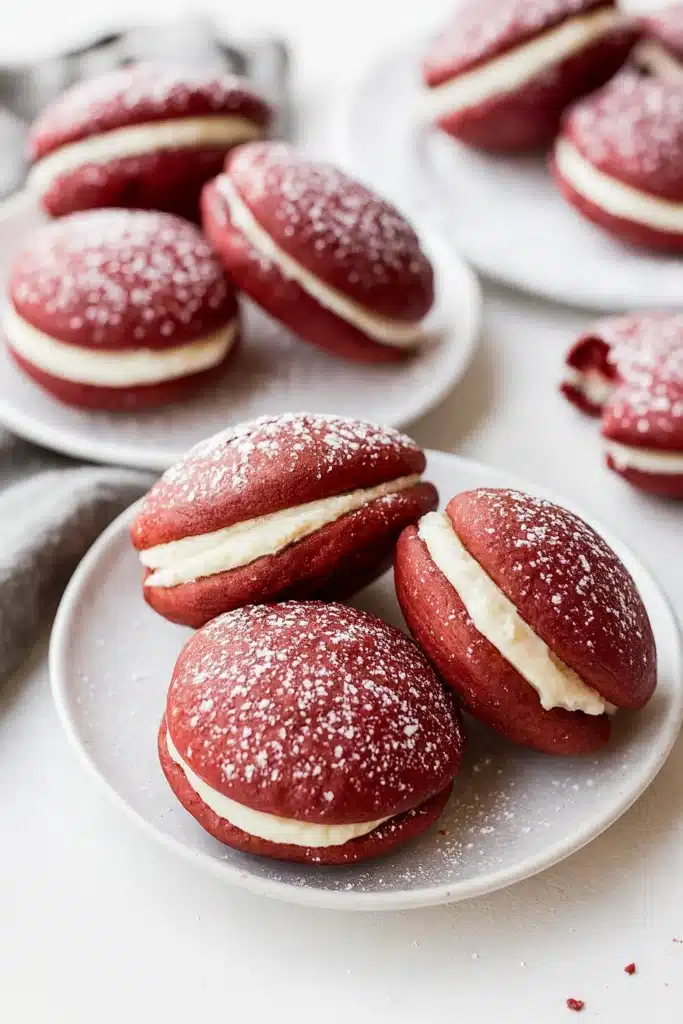 Red Velvet Whoopie Pies – Irresistibly Soft & Delicious 10 Red velvet whoopie pies with cream cheese frosting on dark plate