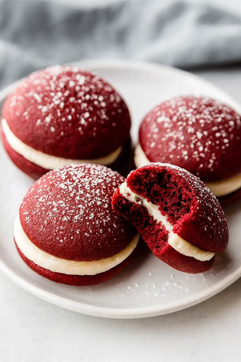 Red velvet whoopie pies with cream cheese filling on dark plate