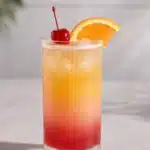 Vibrant Tequila Sunrise mocktail with orange slice and cherry garnish on a marble surface