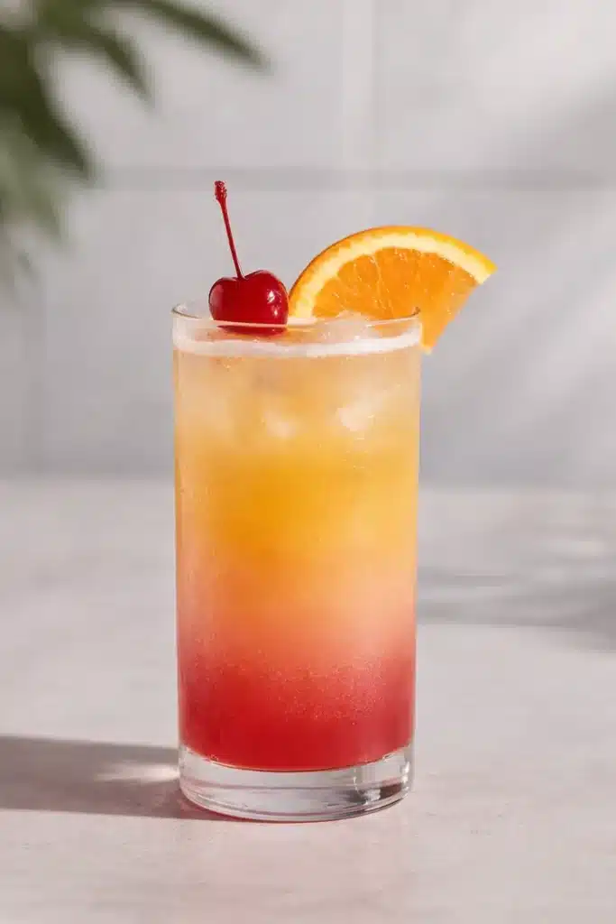 Vibrant Tequila Sunrise mocktail with orange slice and cherry garnish on a marble surface