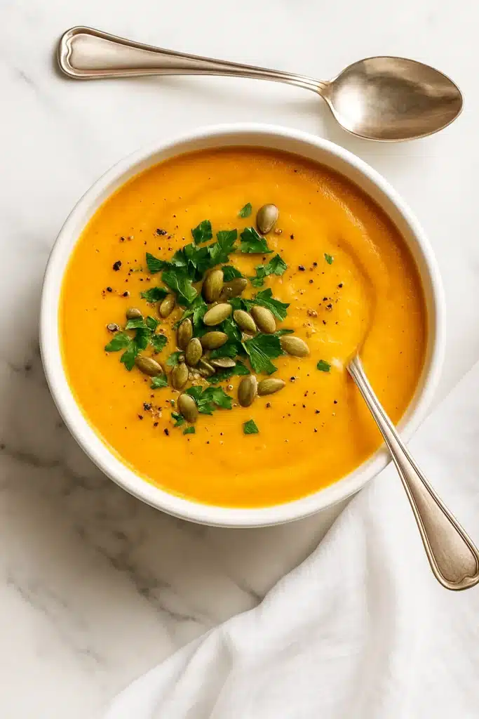 Roasted Butternut Squash Soup | Simple, Cozy & Delicious 10 Creamy roasted butternut squash soup topped with parsley and pumpkin seeds