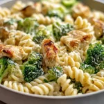 Creamy rotisserie chicken broccoli pasta in a bowl with golden chicken and fresh broccoli