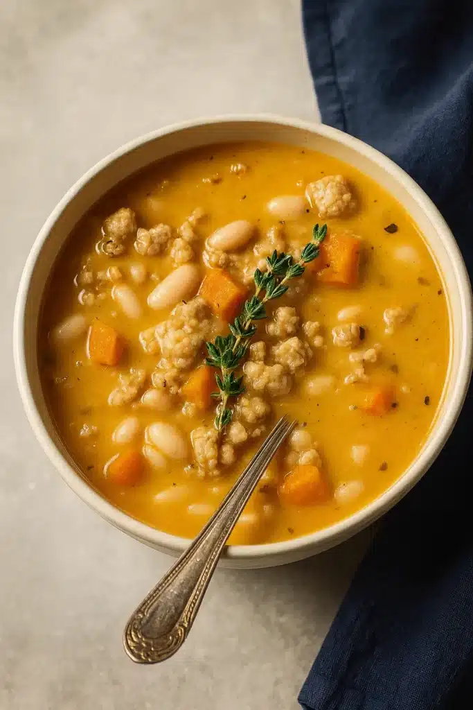 Ultimate Satisfying Turkey Pumpkin White Bean Chili 5 Bowl of satisfying turkey pumpkin white bean chili on white-gray table