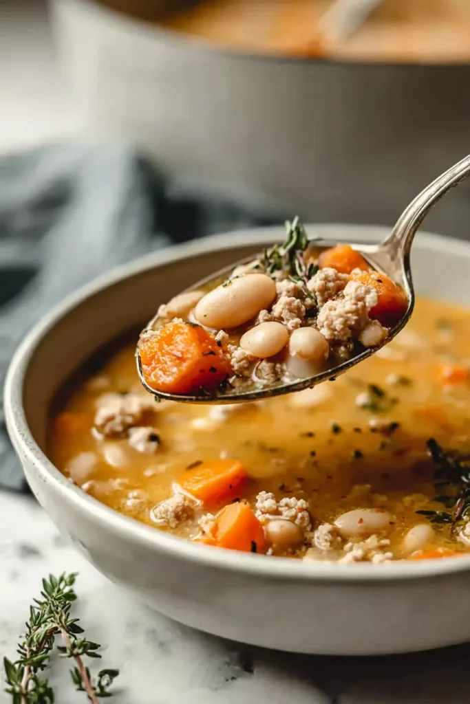 Ultimate Satisfying Turkey Pumpkin White Bean Chili 6 Spoon lifting satisfying turkey pumpkin white bean chili from white bowl