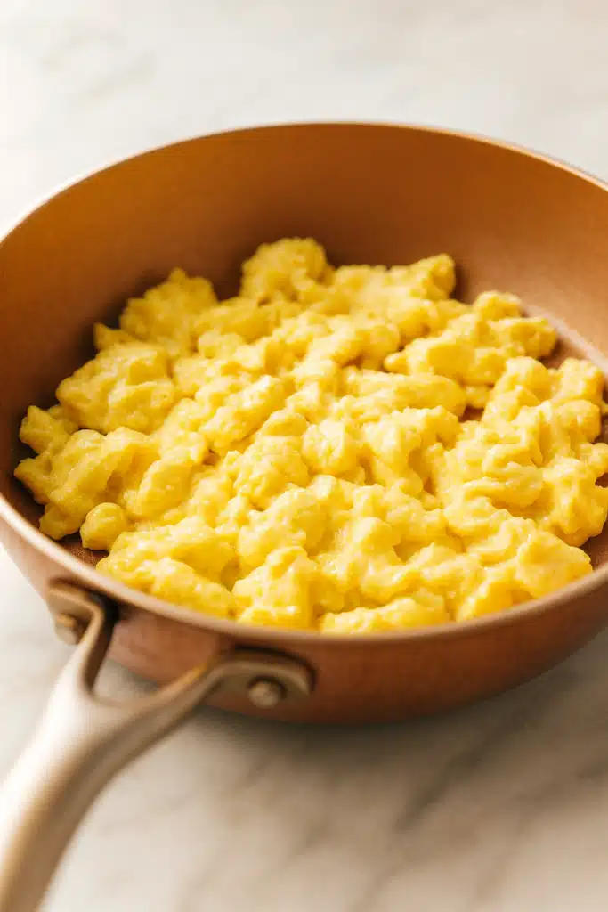 Fluffy scrambled eggs in copper skillet for breakfast grilled cheese