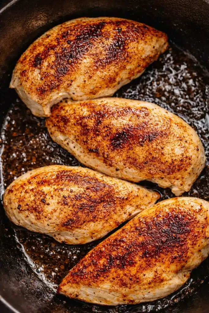 Seared chicken breasts in skillet for creamy crock pot chicken marsala