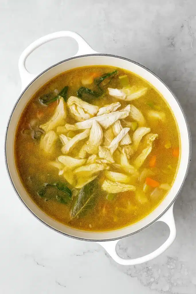 Shredded chicken added to pot of homemade chicken soup