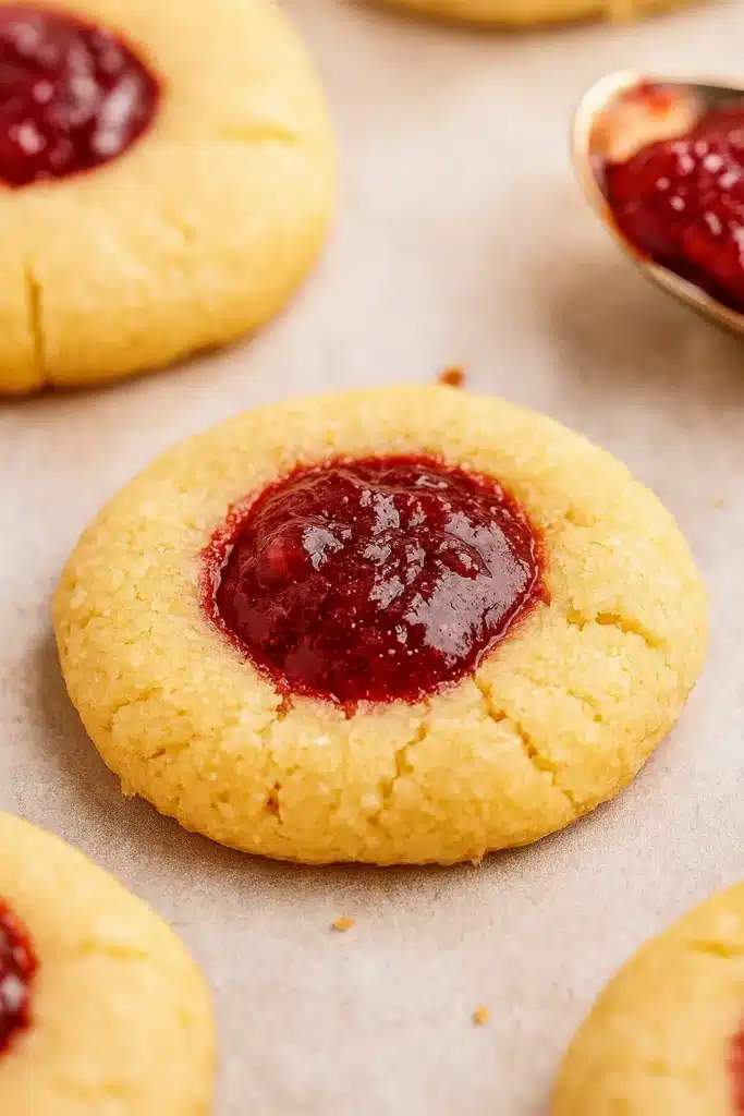 Close-up of simple Christmas jam thumbprint cookie with raspberry jam