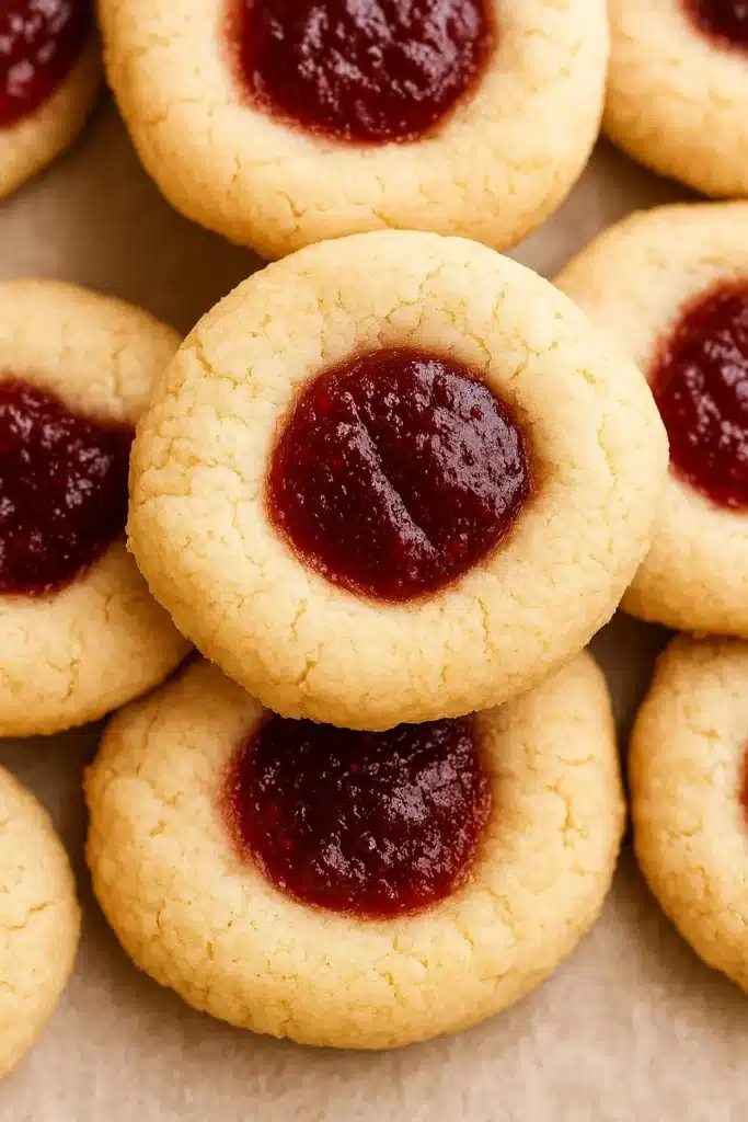 Stack of simple Christmas jam thumbprint cookies with raspberry filling