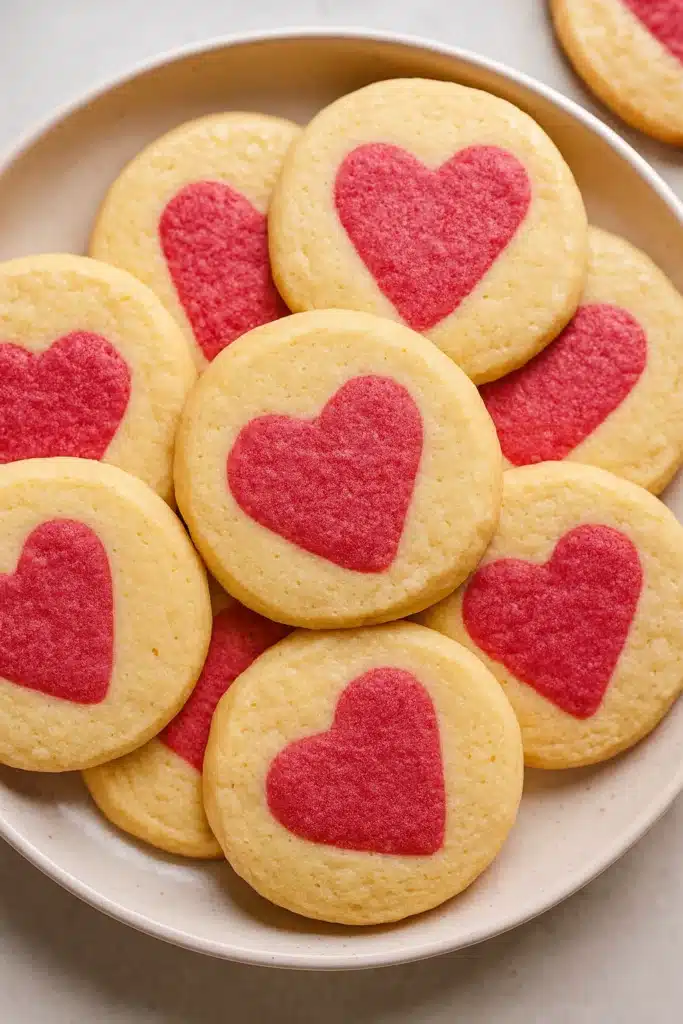 Slice and Bake Heart Cookies | Easy Valentine’s Recipe 10 Slice and bake heart cookies with pink centers on a white plate