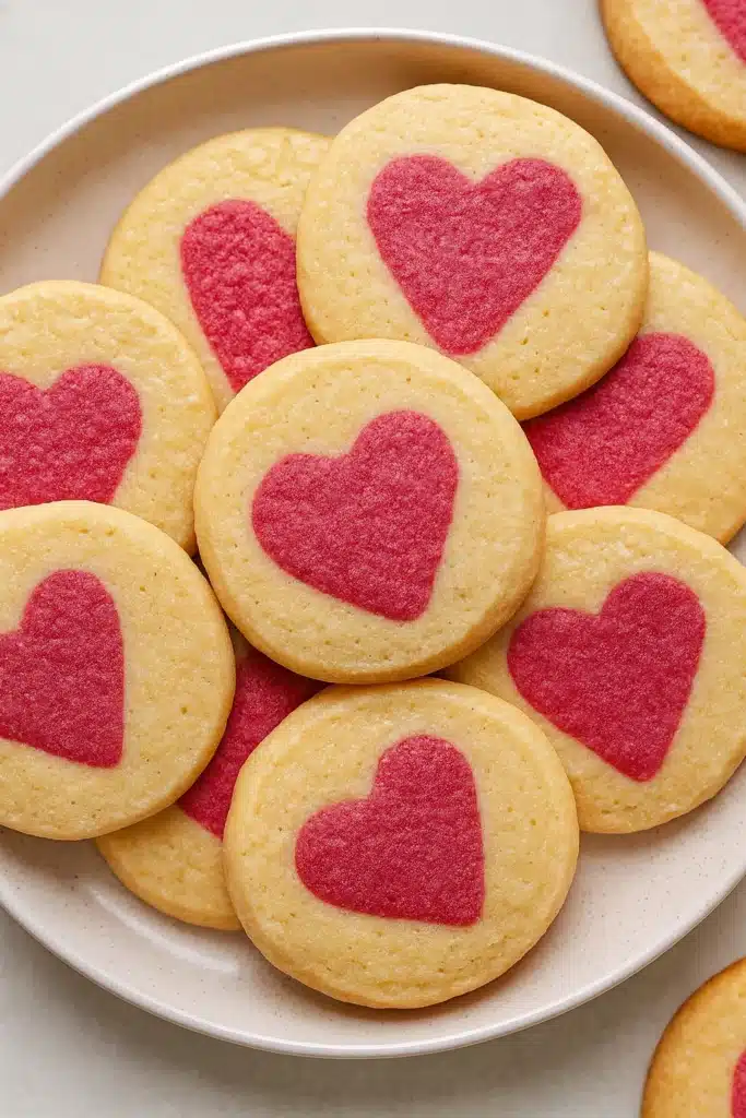 Slice and bake heart cookies with pink centers on a white plate