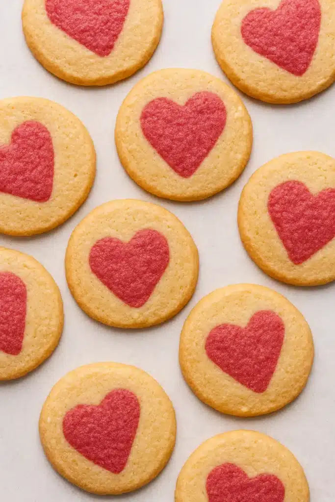 Slice and Bake Heart Cookies | Easy Valentine’s Recipe 15 Heart-shaped slice and bake cookies with pink centers on white-gray surface