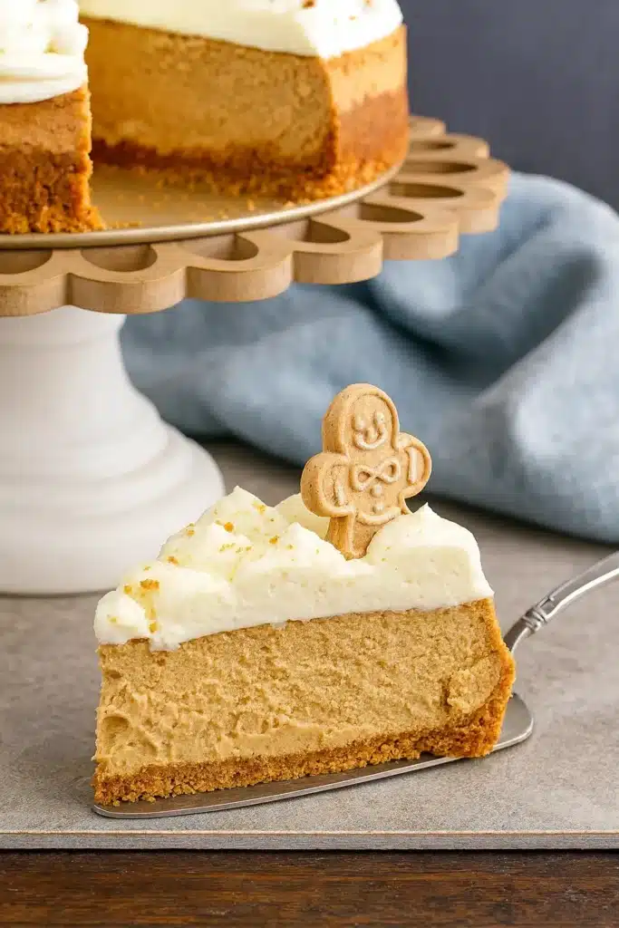 Gingerbread Cheesecake Recipe | Creamy, Festive & Delicious 6 Slice of gingerbread cheesecake with creamy frosting and cookie topper on white-gray table