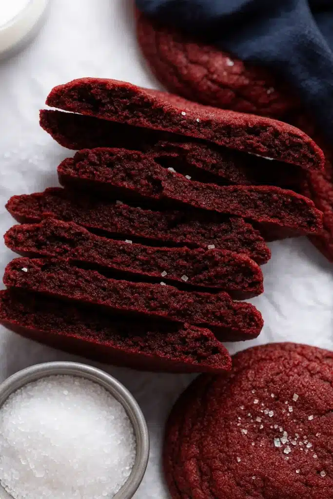 Red Velvet Cookies Recipe | Soft, Chewy & Amazing Treat 14 Sliced red velvet cookies showing chewy interior and sugar sparkle