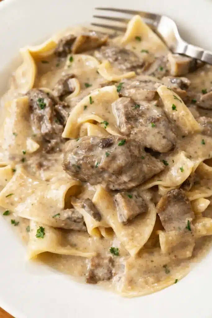 Creamy slow cooker beef stroganoff served on white plate with tender beef and noodles