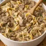 Creamy slow cooker beef stroganoff with noodles and tender beef in rich sauce
