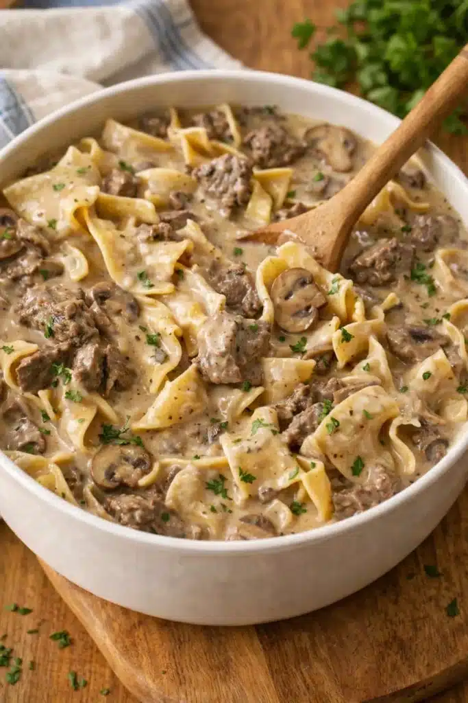Creamy slow cooker beef stroganoff with noodles and tender beef in rich sauce