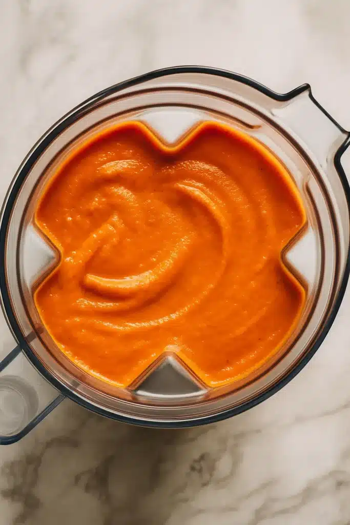 Blended creamy tomato soup in blender with smooth texture