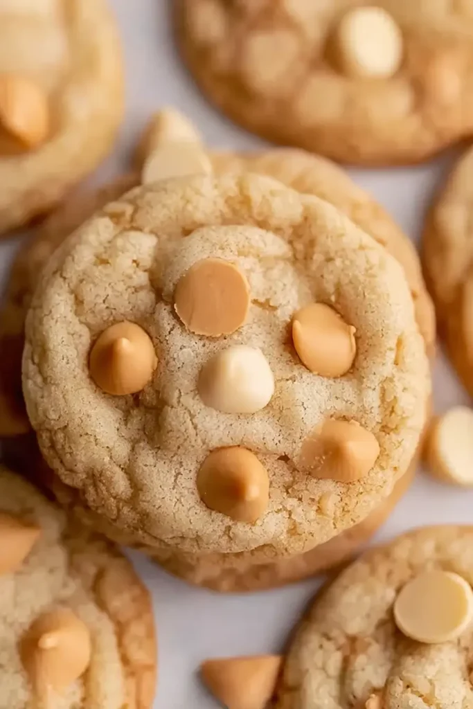 Close-up of soft butterscotch cookies with glossy caramel chips