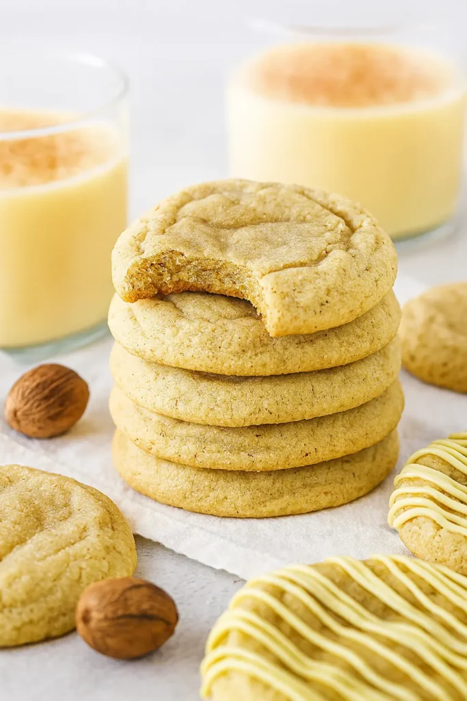 Eggnog Cookies | Soft, Chewy & Perfect for the Holidays 8 Stack of soft eggnog cookies with a bite taken out on gray table