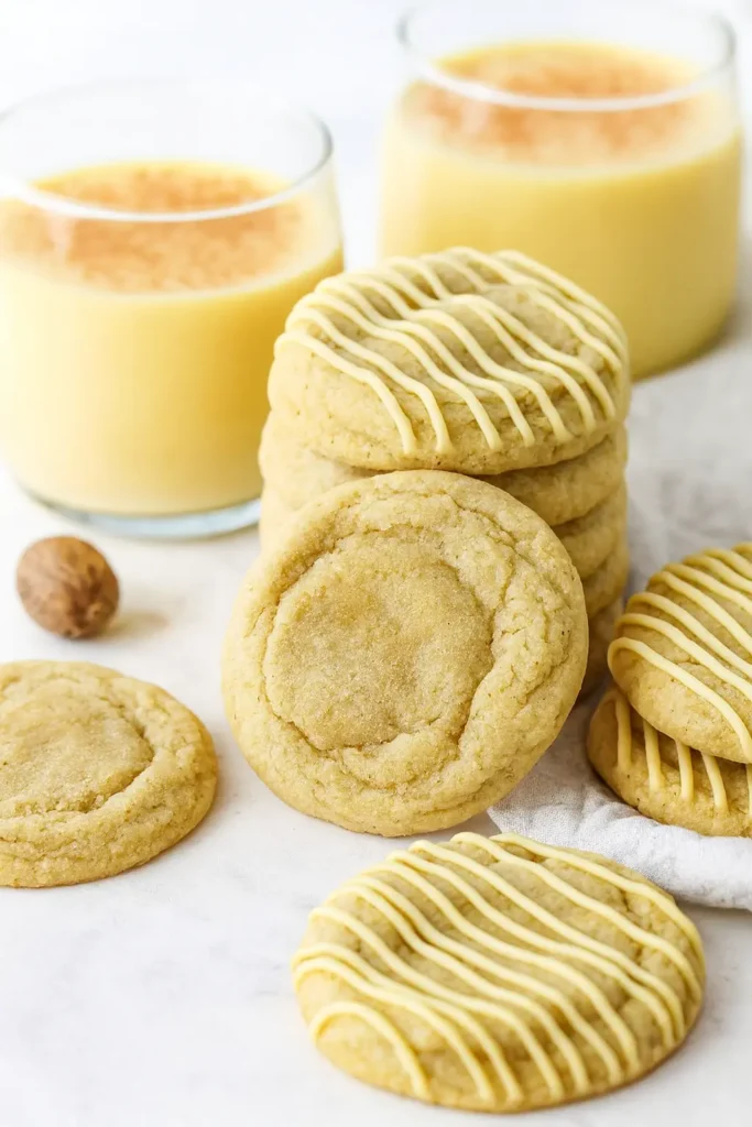 Soft eggnog cookies with icing drizzle and glasses of eggnog in cozy holiday lighting