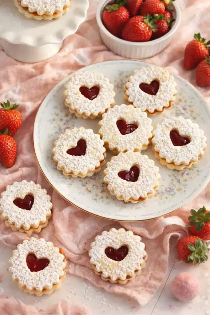 Soft Linzer cookies with heart jam centers on a floral plate with strawberries