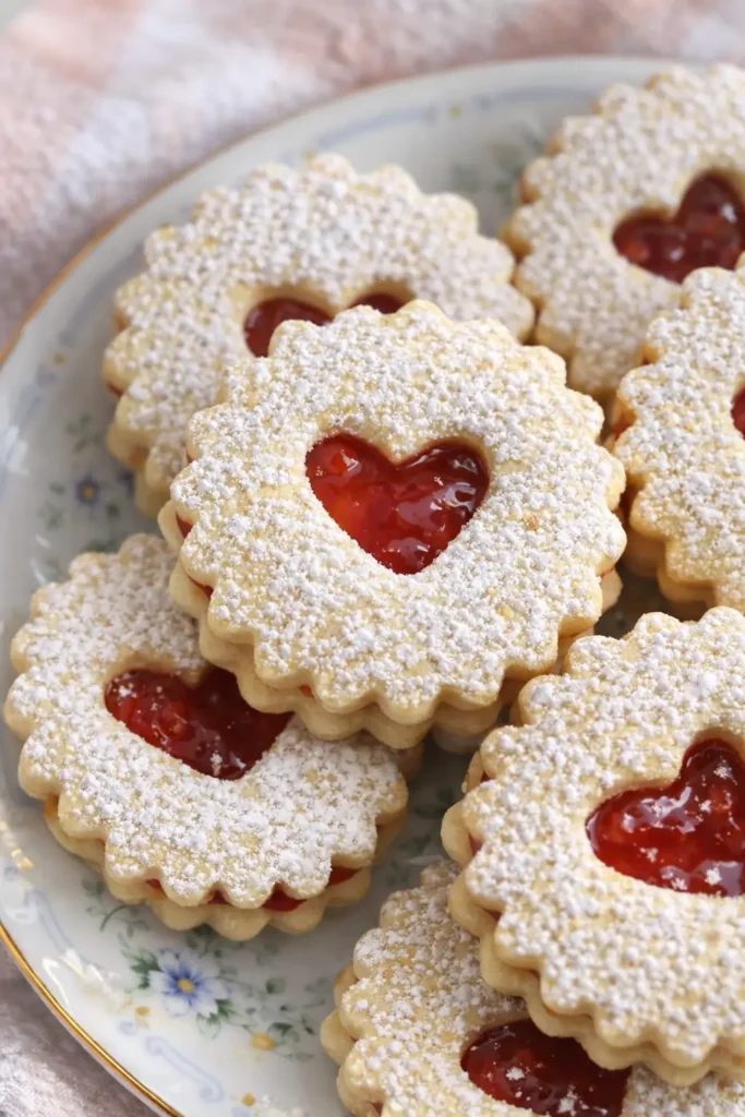 Close-up of soft and sweet Linzer cookies with heart jam centers and powdered sugar