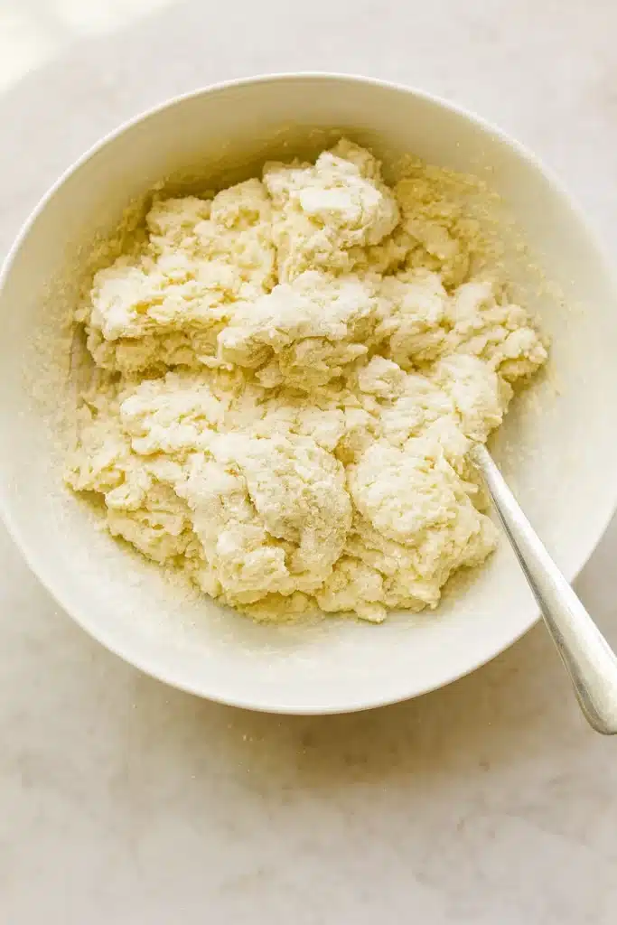 Shaggy sourdough biscuit dough in mixing bowl under sunlight
