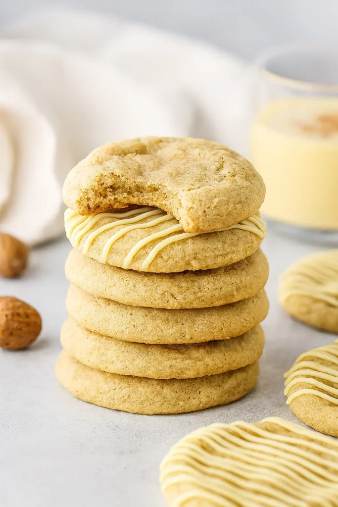 Eggnog Cookies | Soft, Chewy & Perfect for the Holidays 10 Stack of soft eggnog cookies with a bite taken out on gray table and white napkin